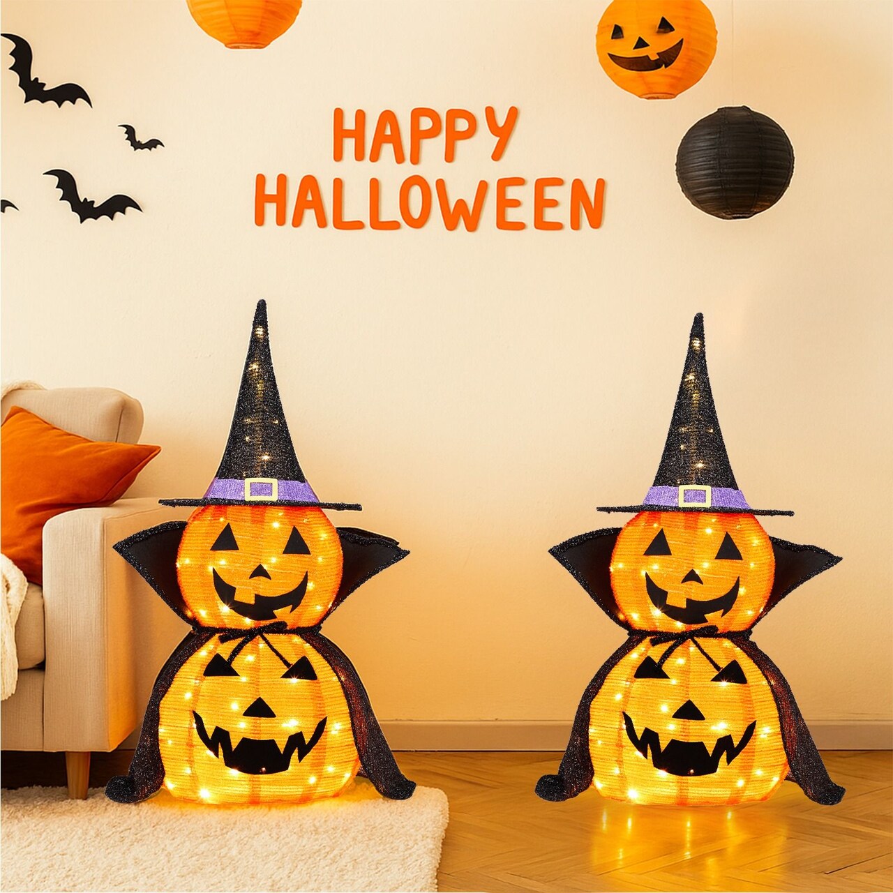 2 Pack 3FT Lighted Jack-O-Lantern Halloween Decorations, Collapsible Pumpkins with 176 Warm LED Lights, Wizard Hats & DIY Capes, Indoor Outdoor Yard Porch Lawn Decor, Foldable & Easy Storage